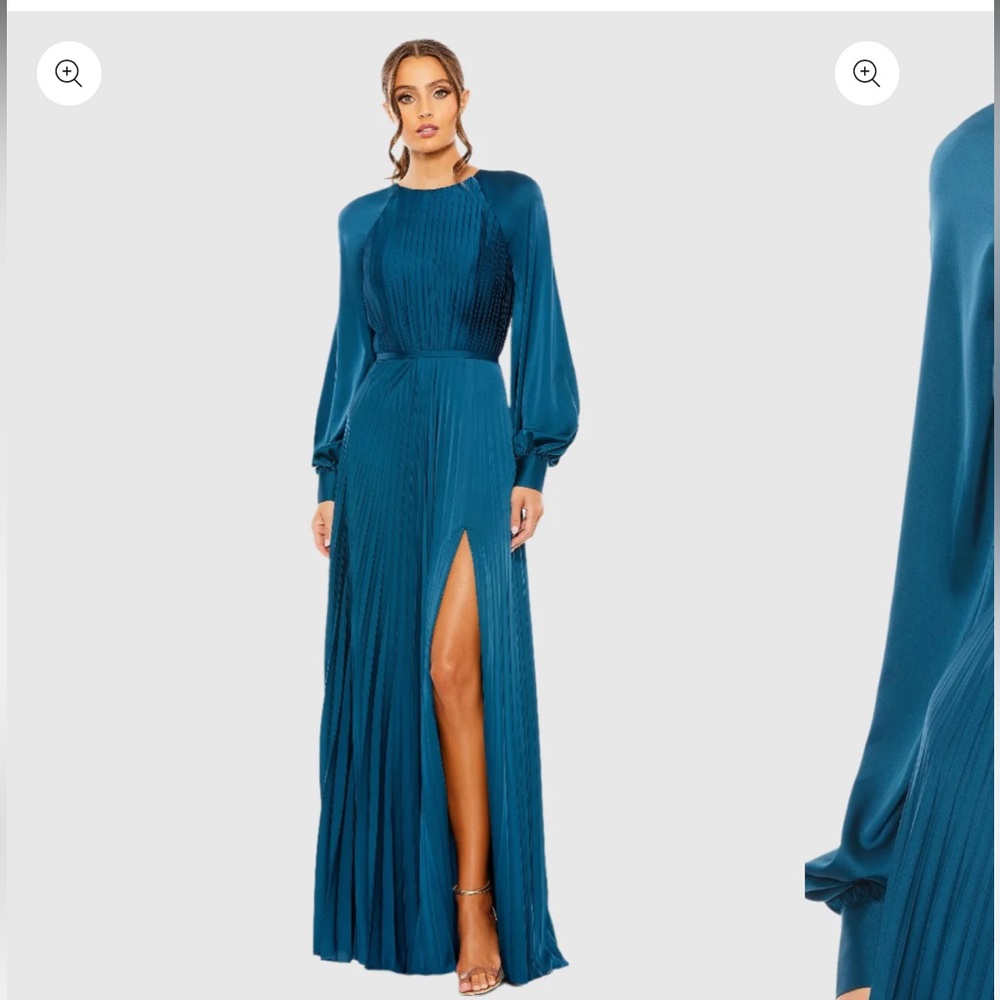Blue Pleated High Neck Raglan Long Sleeve Side Slit Gown